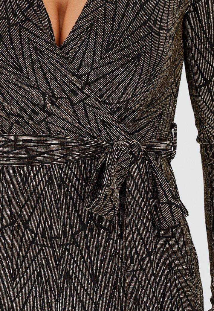 Jumpsuit met Ceintuur en Lange Mouwen in Goud met Glitterprint