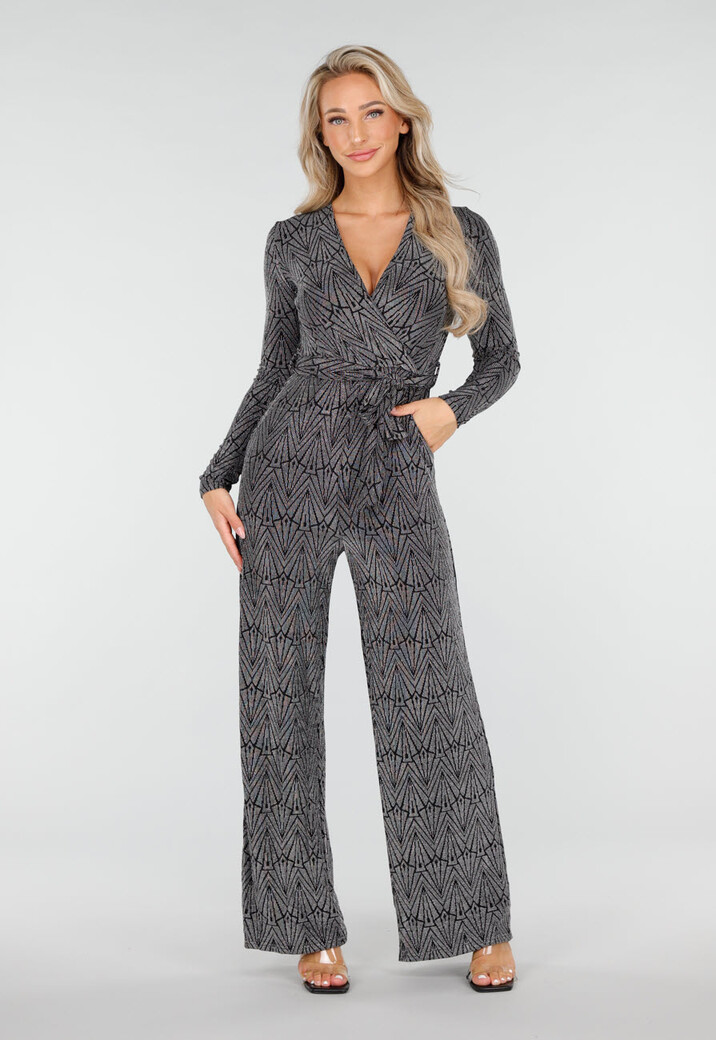 Jumpsuit met V-Hals en Lange Mouwen in Zwart met Zilveren Glitterprint