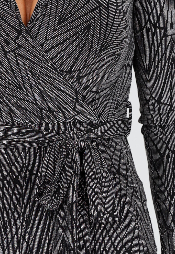 Jumpsuit met V-Hals en Lange Mouwen in Zwart met Zilveren Glitterprint