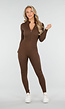 Bruine Rib Jumpsuit Met Lange Mouwen en Ritssluiting