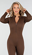 Bruine Rib Jumpsuit Met Lange Mouwen en Ritssluiting