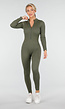 Groene Rib Jumpsuit Met Lange Mouwen en Ritssluiting