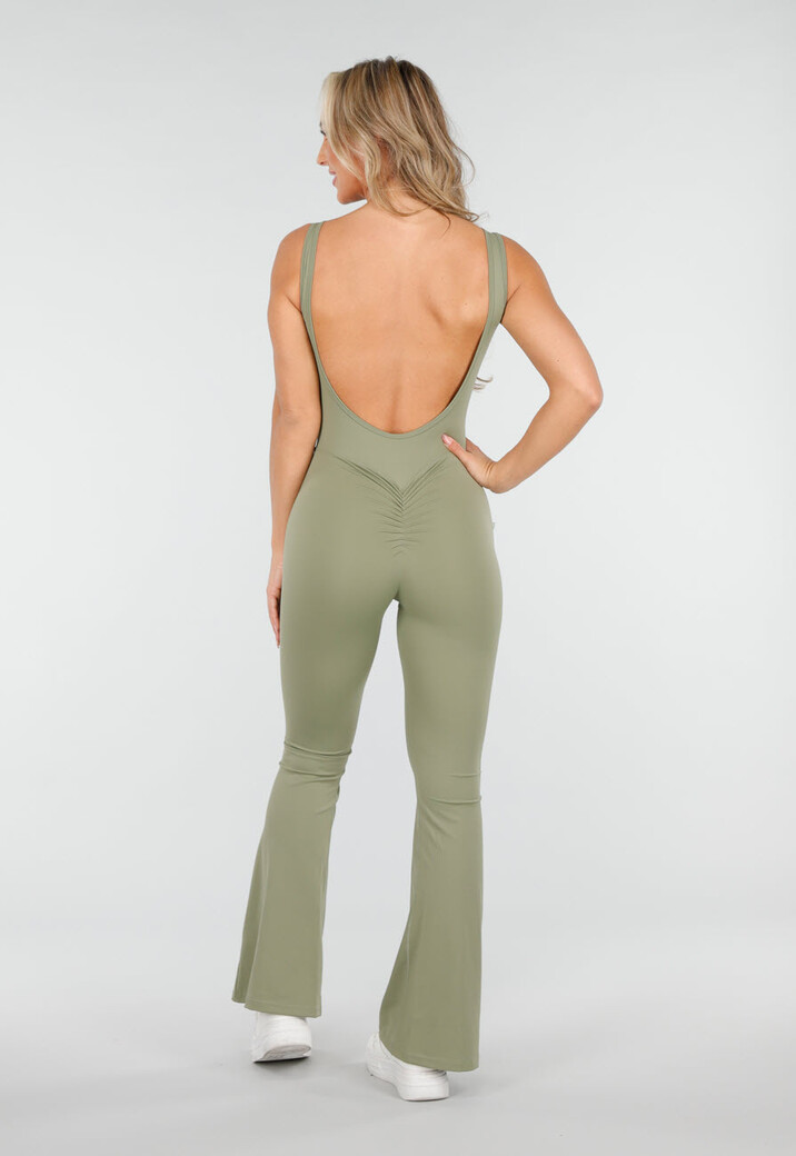 Groene Scrunch Jumpsuit met Lage Rug en Flared Pijpen