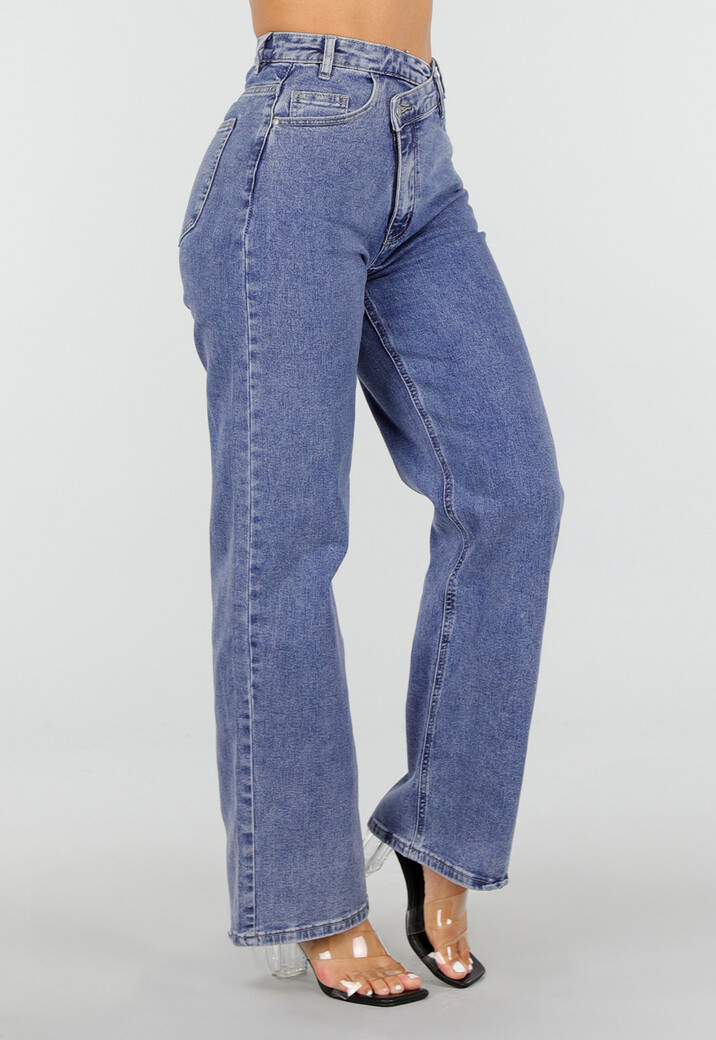 Blauwe Rechte Jeans met Asymmetrische Sluiting