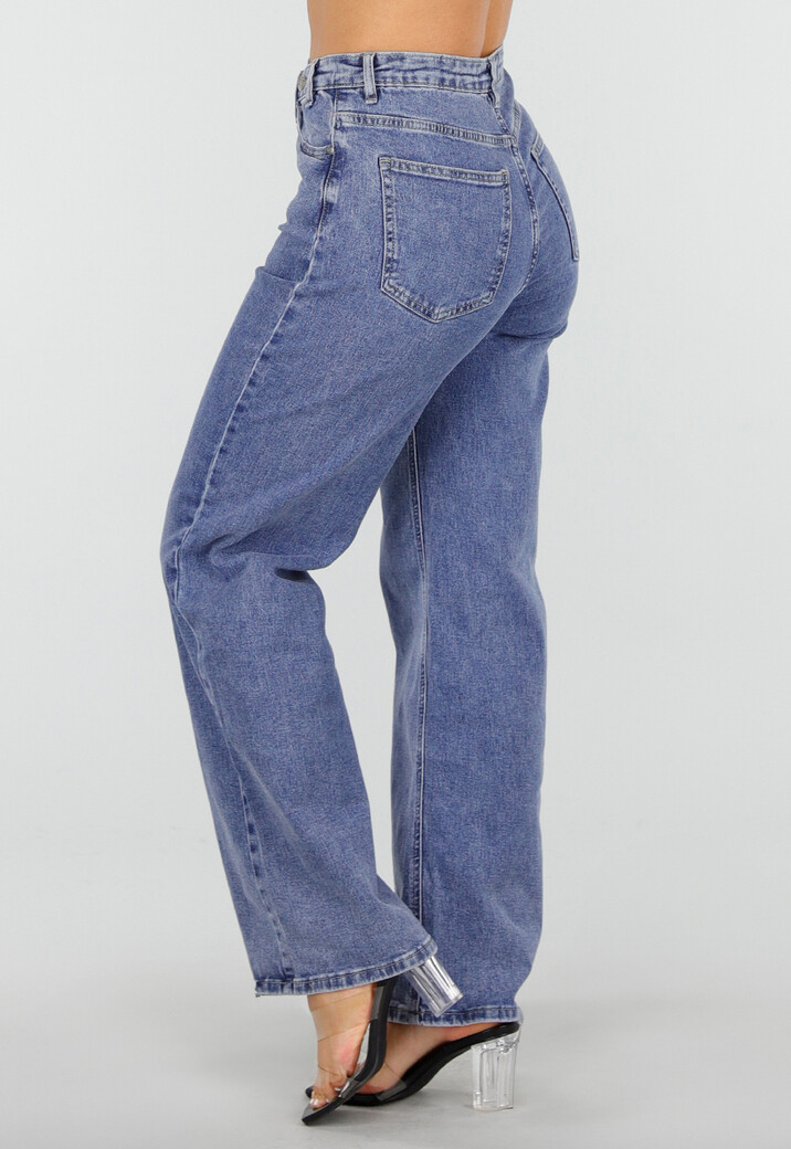 Blauwe Rechte Jeans met Asymmetrische Sluiting