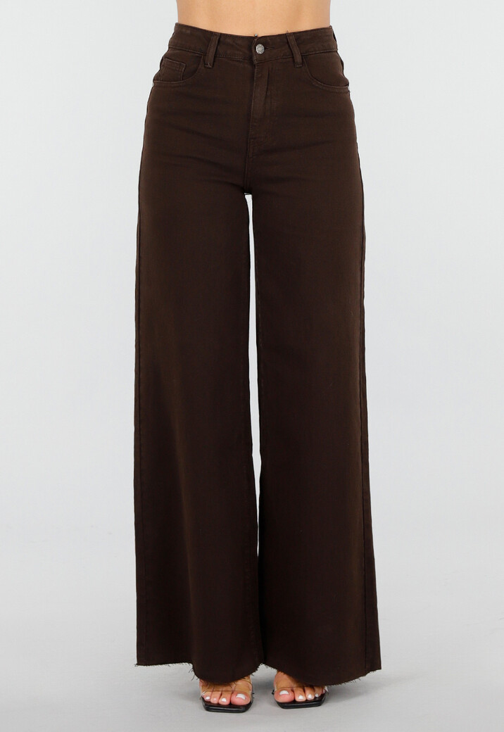 Bruine Wide Leg Jeans met Rafelige Zoom