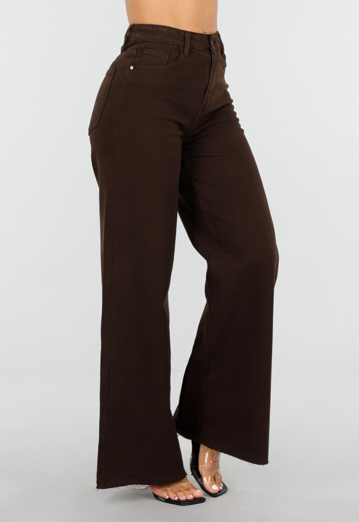 Bruine Wide Leg Jeans met Rafelige Zoom