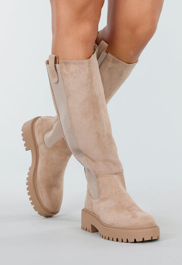 Beige Lange Boots met Blokzool