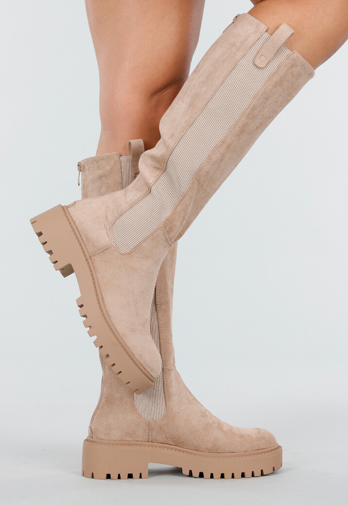 Beige Suède Lange Laarzen met Elastisch Zijpaneel