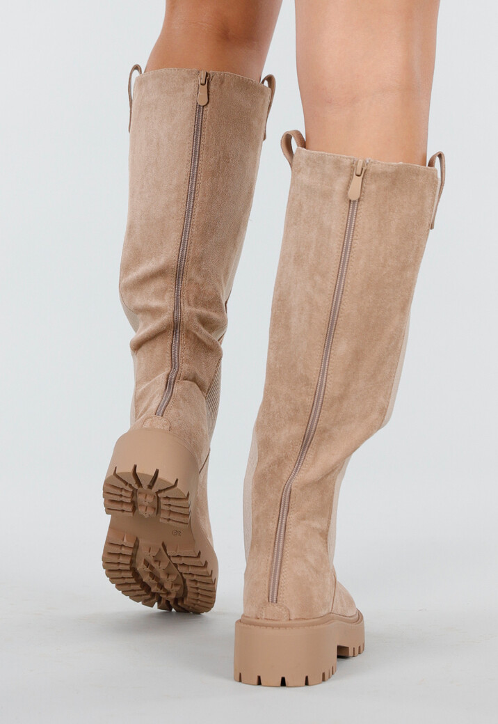 Beige Suède Lange Laarzen met Elastisch Zijpaneel