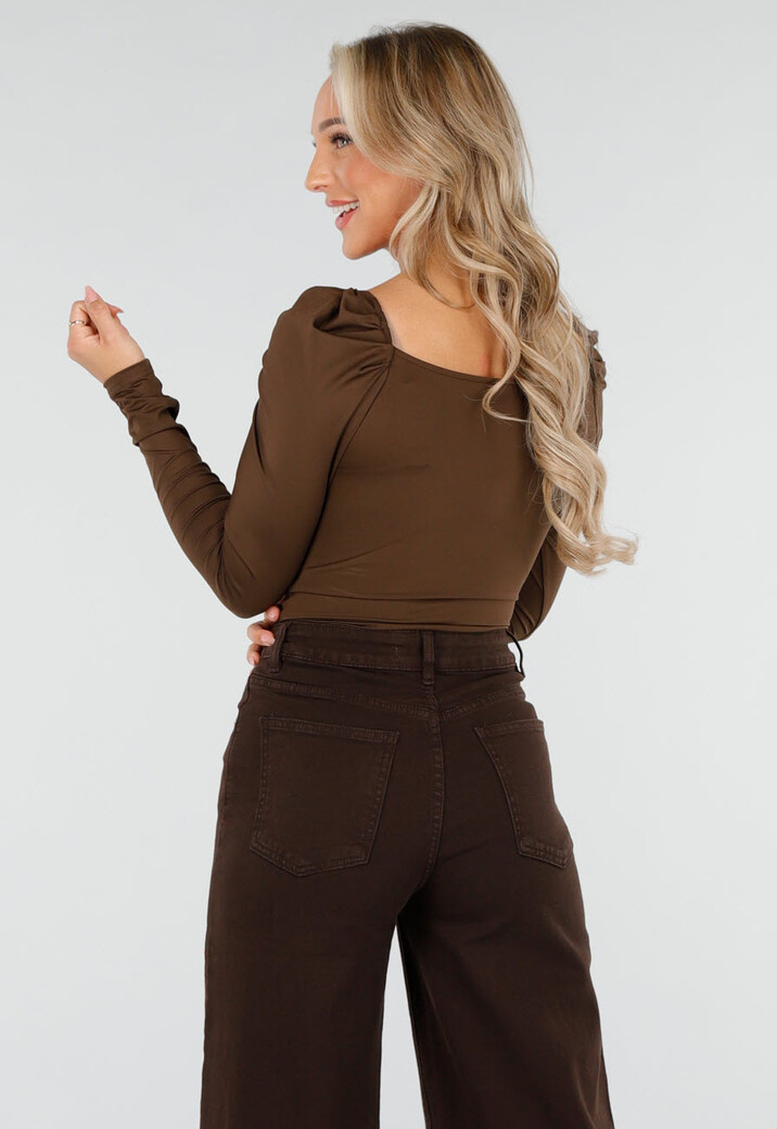 Bruine Top met Overslag en Lange Mouwen