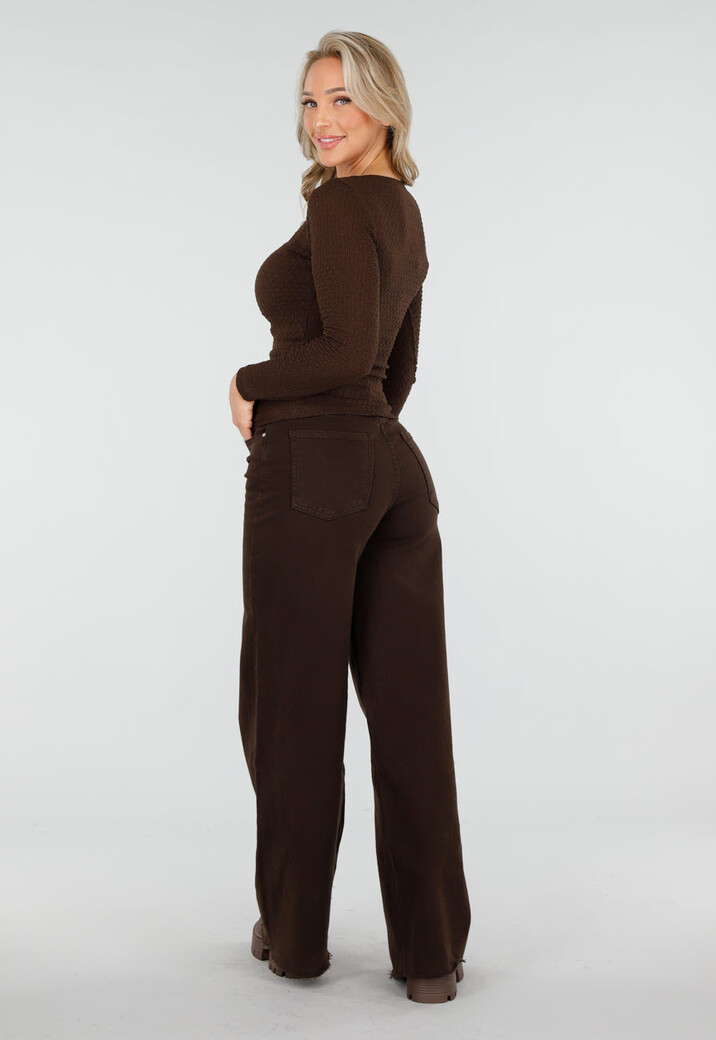 Donkerbruine Top met Vierkante Hals en Lange Mouwen