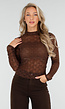 Bruine Kanten Top met Lange Mouwen en Hoge Hals