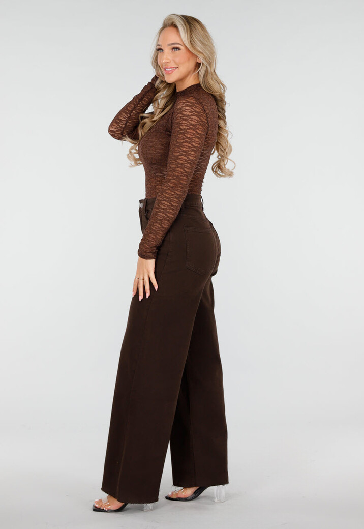 Bruine Kanten Top met Lange Mouwen en Hoge Hals