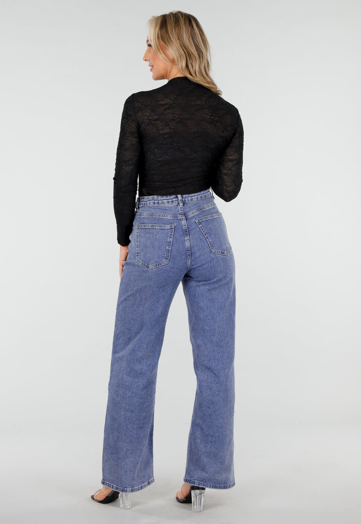 Zwarte Kanten Top met Lange Mouwen en Hoge Hals