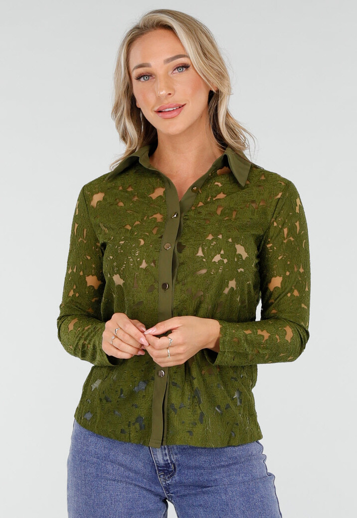 Groene Kanten Blouse met Lange Mouwen en Knoopsluiting