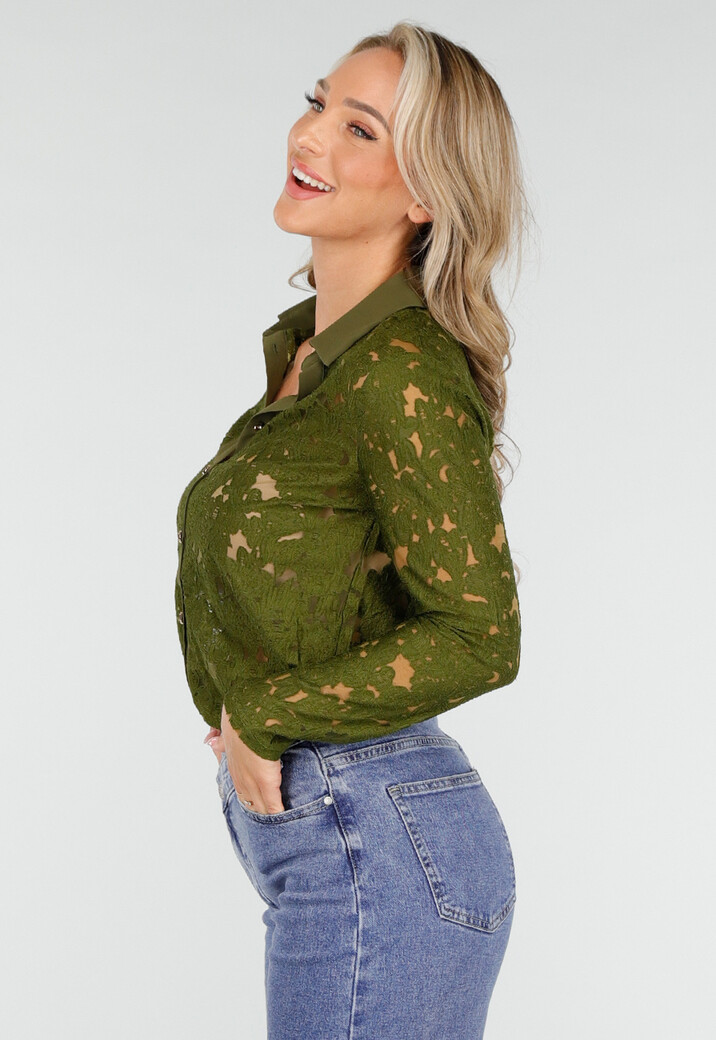 Groene Kanten Blouse met Lange Mouwen en Knoopsluiting