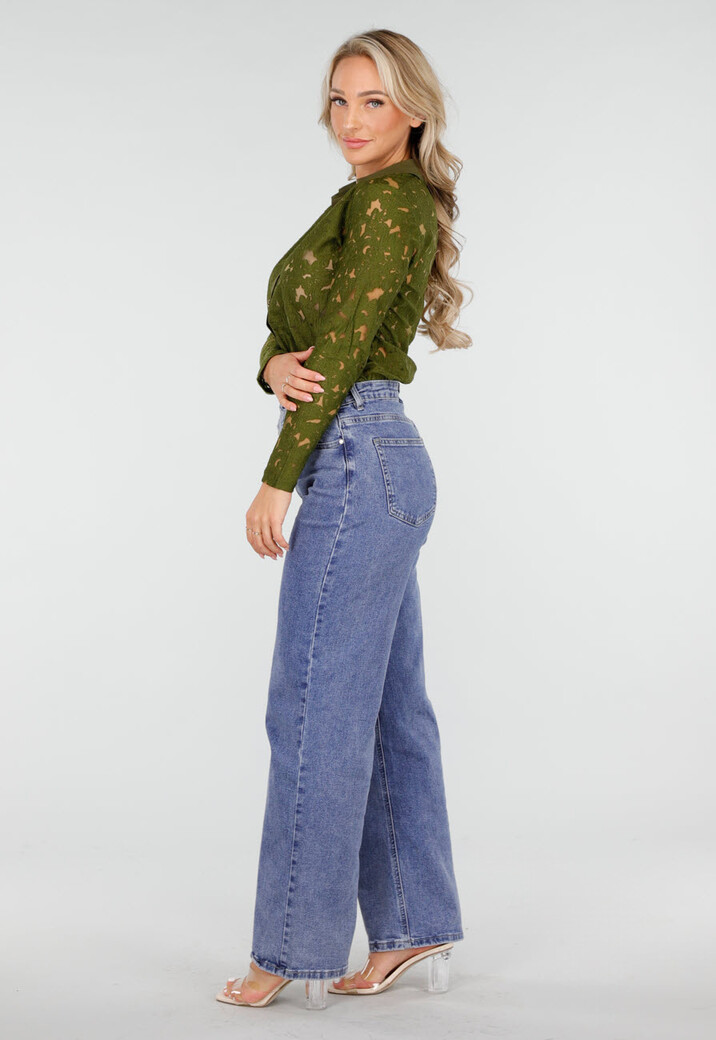 Groene Kanten Blouse met Lange Mouwen en Knoopsluiting