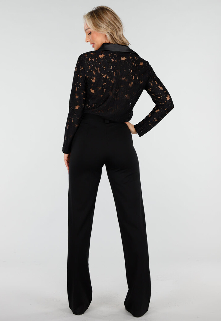 Zwarte Kanten Blouse met Satijnen Details en Lange Mouwen