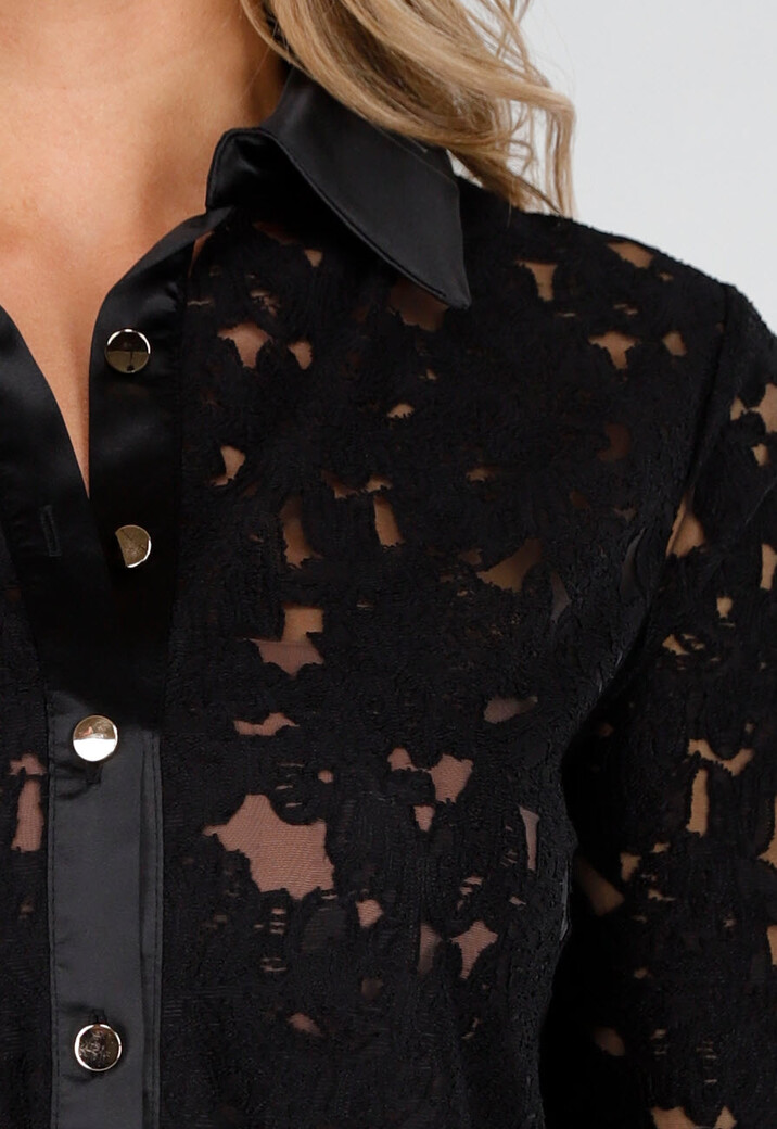 Zwarte Kanten Blouse met Satijnen Details en Lange Mouwen