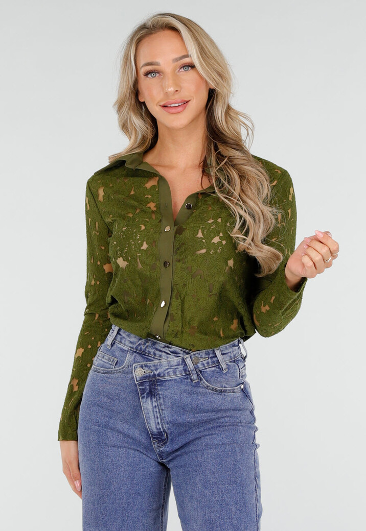 Groene Kanten Blouse met Lange Mouwen en Knoopsluiting
