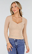 Beige Mesh Top met Vierkante Hals en Lange Mouwen