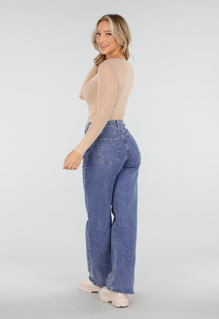 Beige Mesh Top met Vierkante Hals en Lange Mouwen