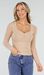 Beige Mesh Top met Vierkante Hals en Lange Mouwen