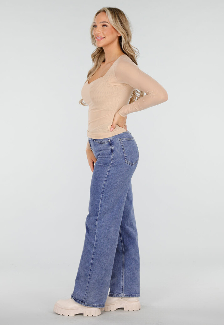 Beige Mesh Top met Vierkante Hals en Lange Mouwen