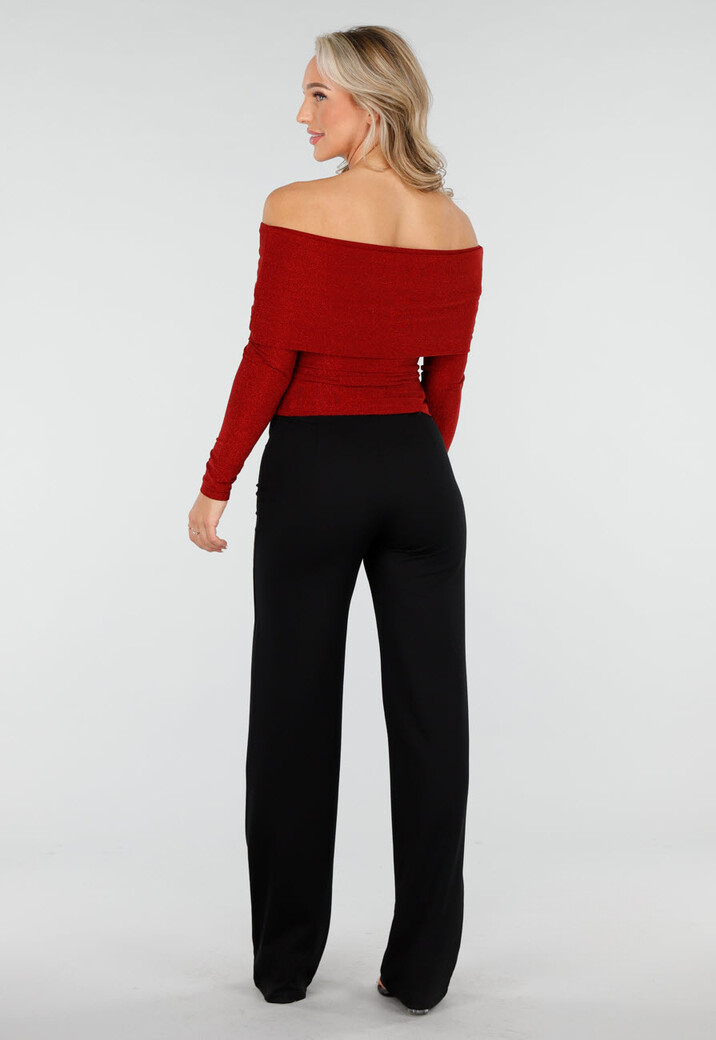 Off Shoulder Glitter Top met Lange Mouwen in Rood
