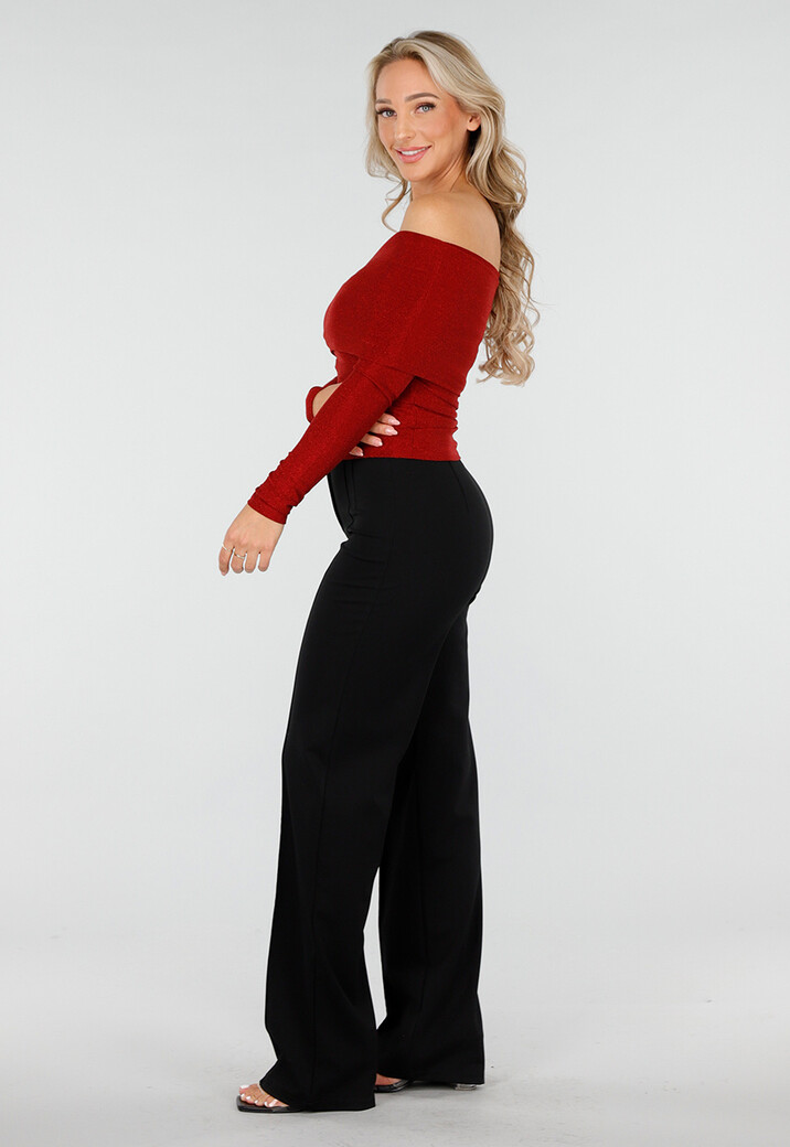 Off Shoulder Glitter Top met Lange Mouwen in Rood