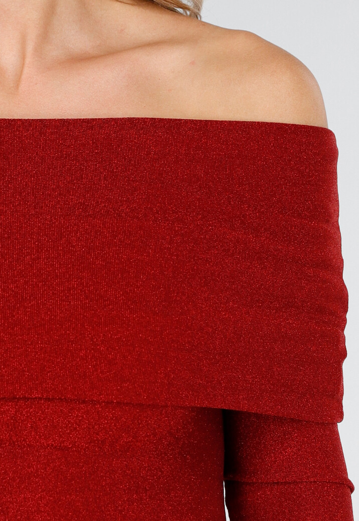 Off Shoulder Glitter Top met Lange Mouwen in Rood