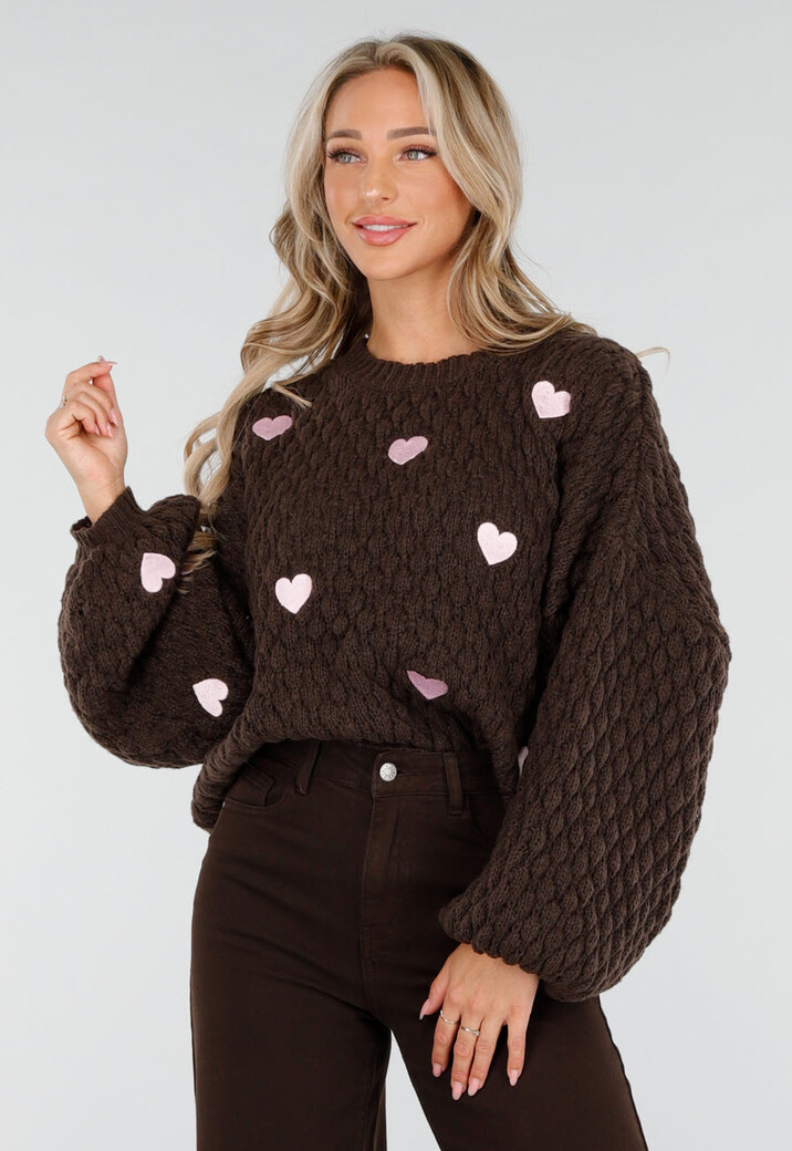 Bruine Gebreide Trui met Roze Hartjes Patches