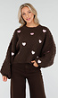 Bruine Gebreide Trui met Roze Hartjes Patches