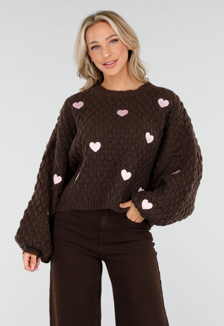 Bruine Gebreide Trui met Roze Hartjes Patches