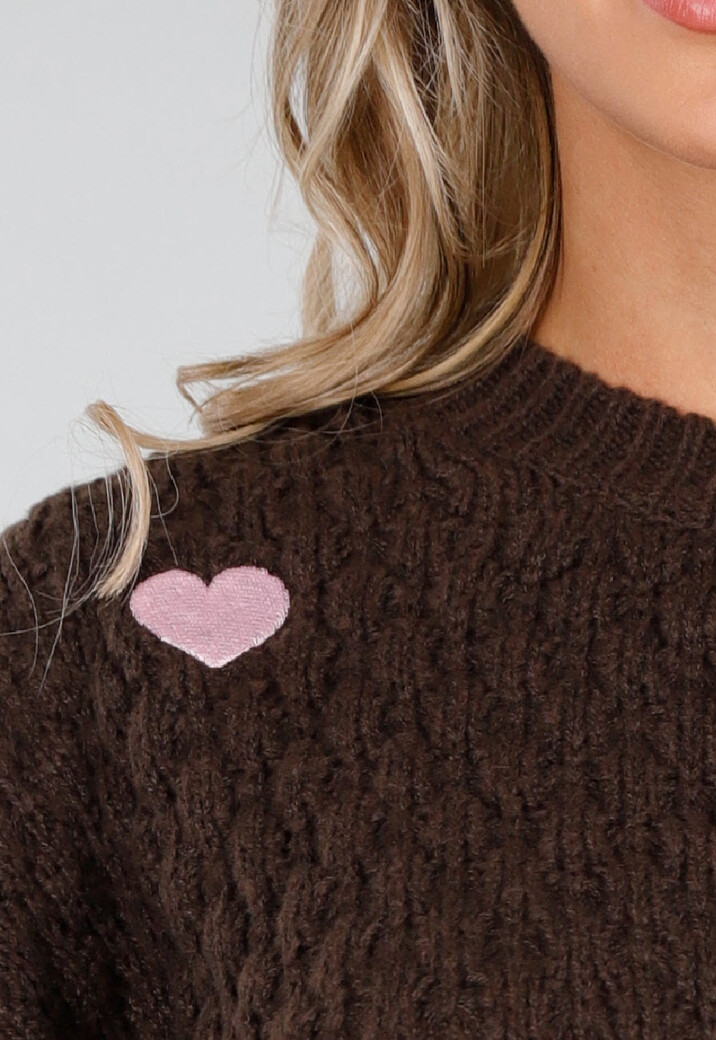 Bruine Gebreide Trui met Roze Hartjes Patches