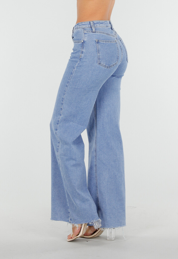 Lichtblauwe Mid Waist Wide Leg Jeans met Raw Edge Zoom