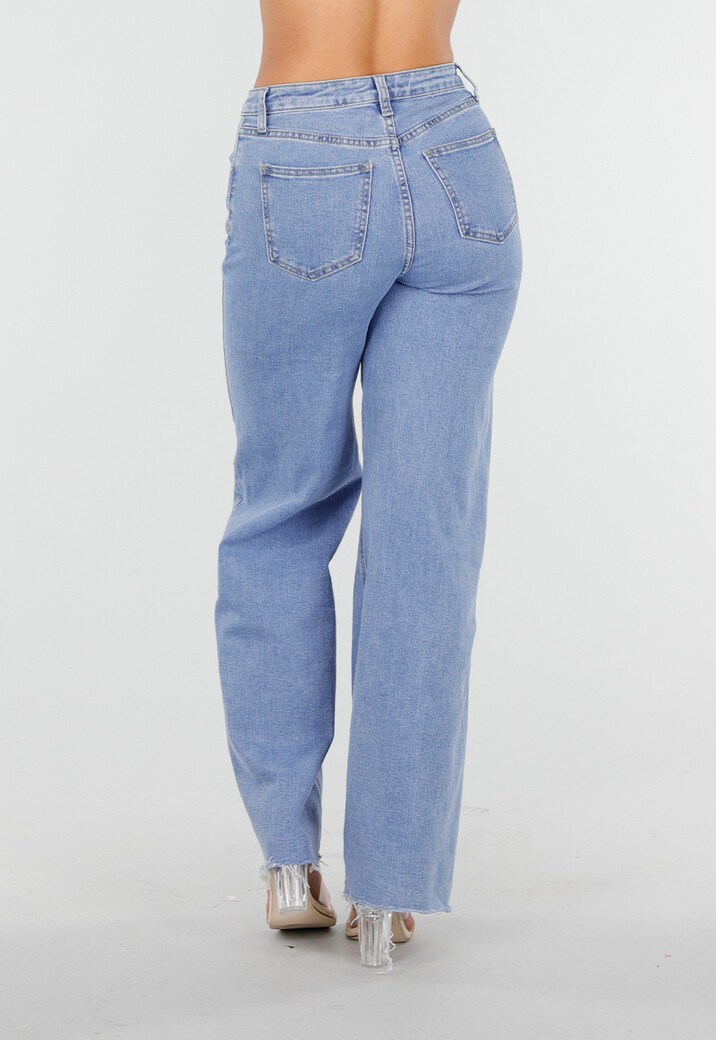 Lichtblauwe Mid Waist Wide Leg Jeans met Raw Edge Zoom