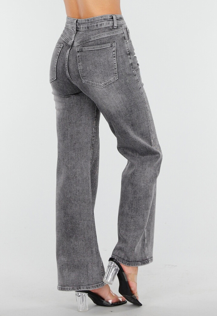 Grijze Wide Leg Jeans met Hoge Taille en Strass Details