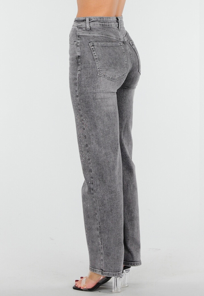 Grijze Wide Leg Jeans met Hoge Taille en Strass Details