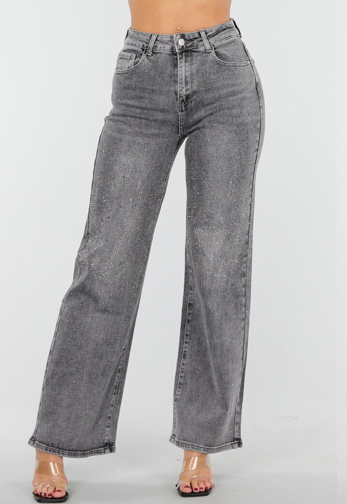 Grijze Wide Leg Jeans met Hoge Taille en Strass Details