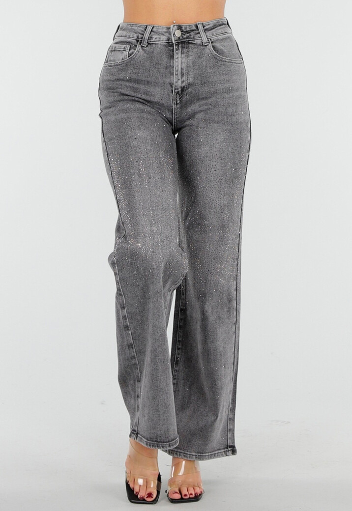 Grijze Wide Leg Jeans met Hoge Taille en Strass Details