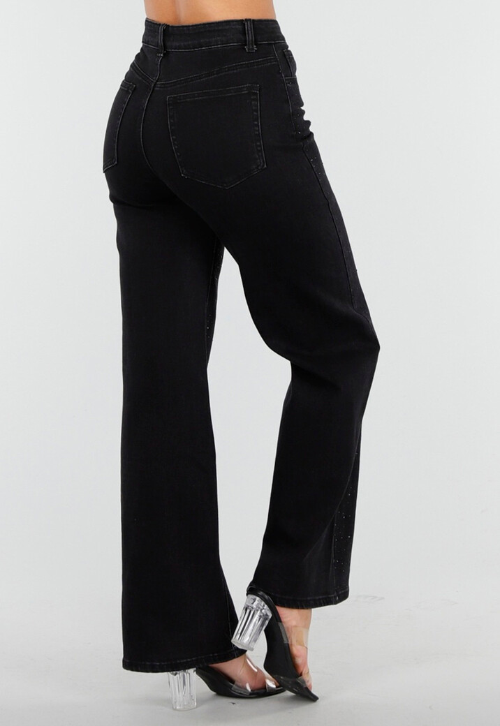 Zwarte Wide Leg Jeans met Hoge Taille en Strass Steentjes