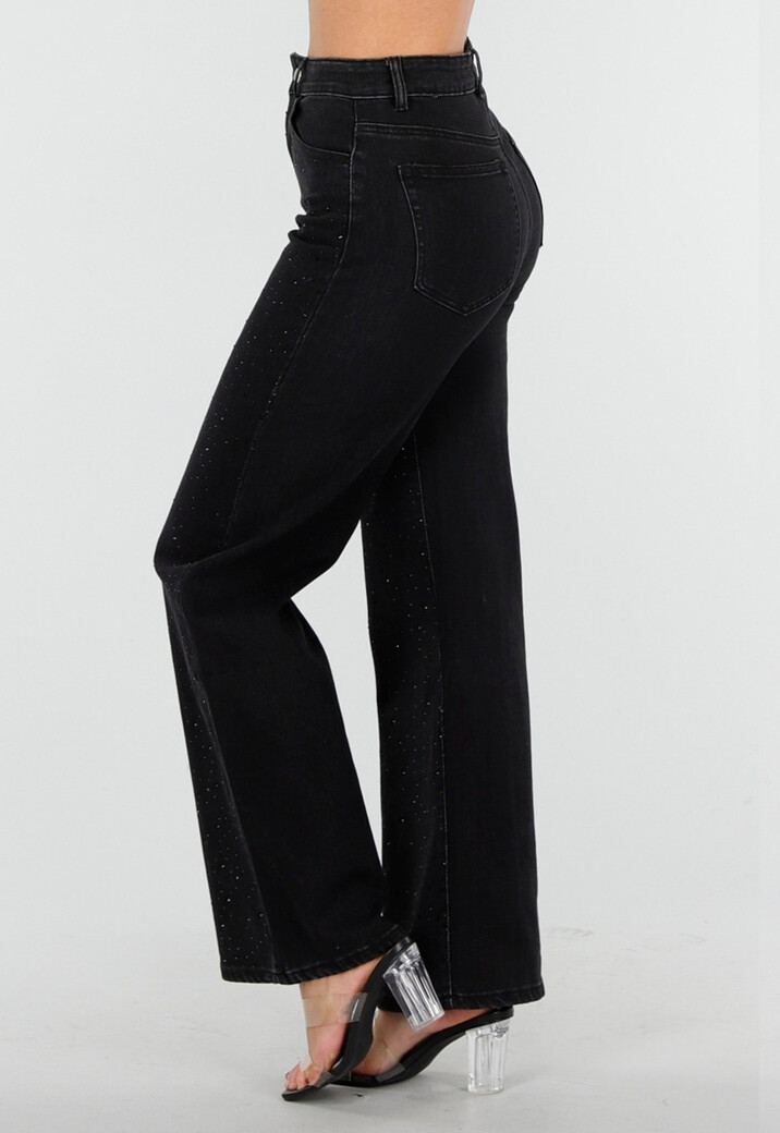 Zwarte Wide Leg Jeans met Hoge Taille en Strass Steentjes