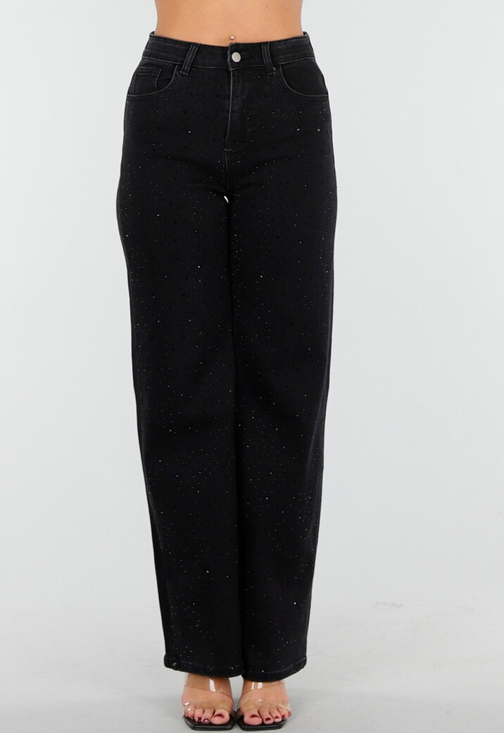 Zwarte Wide Leg Jeans met Hoge Taille en Strass Steentjes