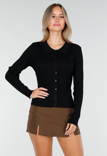 Geribde Lange Mouwen Top in Zwart