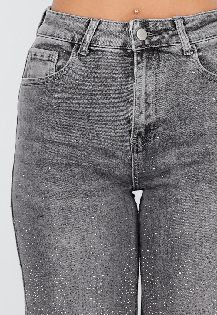 Grijze Wide Leg Jeans met Hoge Taille en Strass Details
