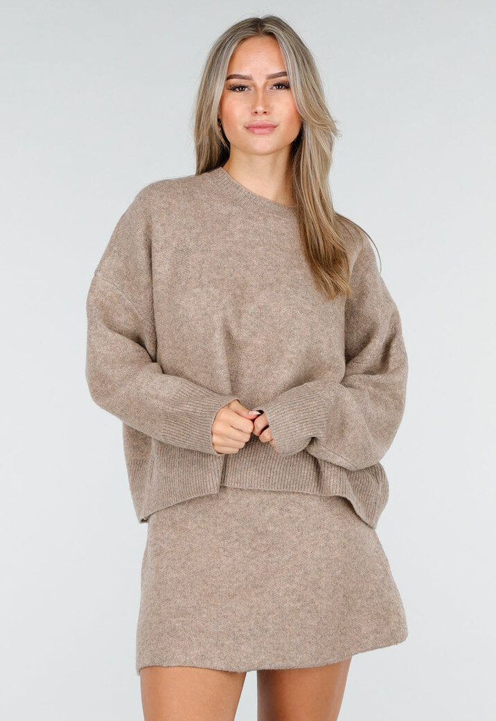 Beige Gebreide Co-ord Set met Trui en Rokje