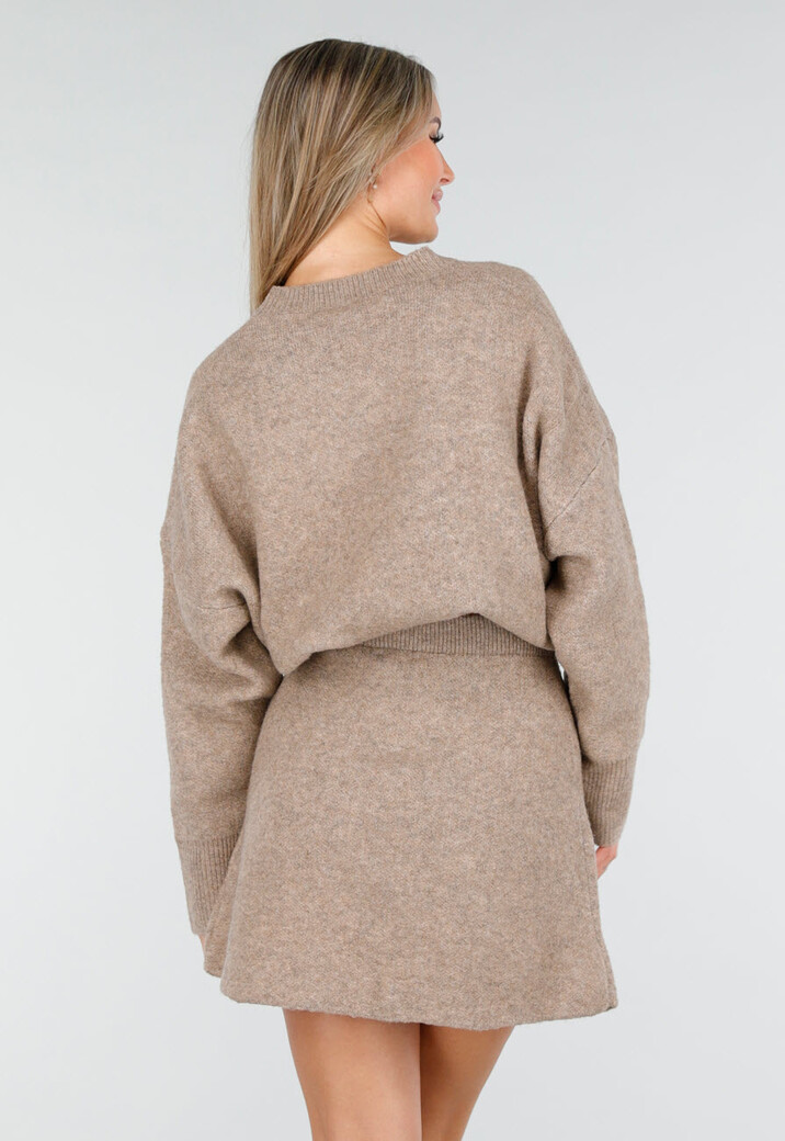 Beige Gebreide Co-ord Set met Trui en Rokje