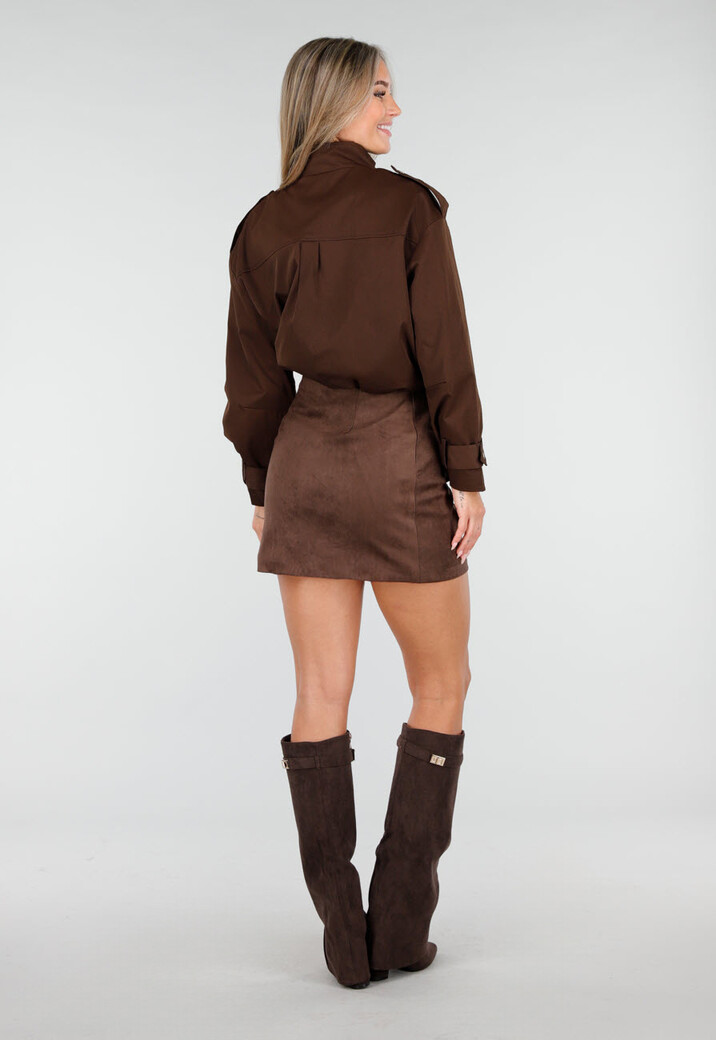 Cropped Bruine Jas met Rits en Grote Zakken